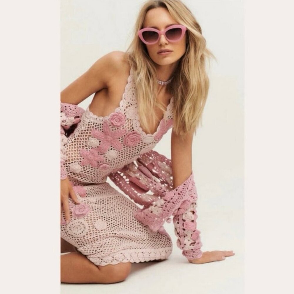 LoveShackFancy Shelburne Crochet Cotton Midi Dress Pink Floral EUC Medium - Picture 10 of 12